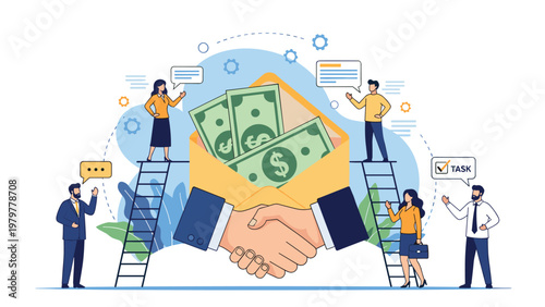 Shaking hands through a giant envelope filled with dollar bills representing a deal or a bribery scene in a business context.