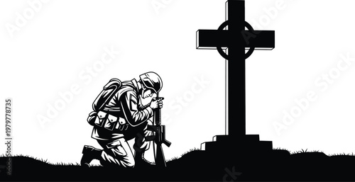 Memorial day remembrance silhouette of soldier kneeling before a cross