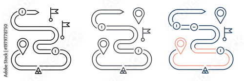Milestone map different style icons set vector illustration, navigation progress markers