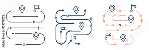 Milestone map different style icons set vector illustration, navigation progress markers