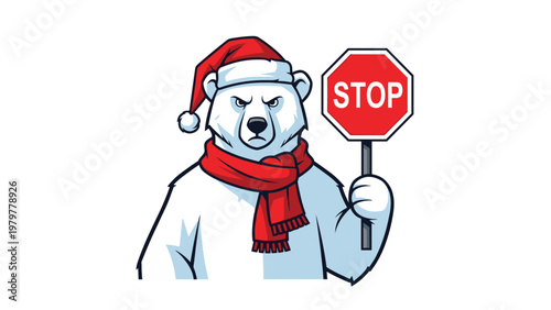 Angry polar bear character wearing red Santa hat and scarf holding a stop sign to represent winter safety warnings.