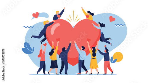 Diverse group of people standing around a giant red heart symbol representing community support and love and care.