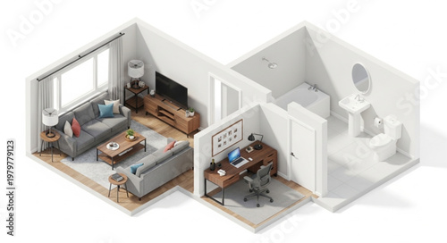Modern Apartment Interior Design Isometric View.