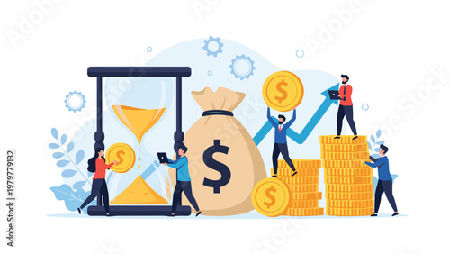 Business team working around a giant hourglass and money bag representing time management and financial planning.