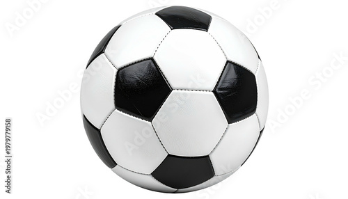 A close-up view of a standard soccer ball, black and white panels in a classic arrangement, with an isolated background