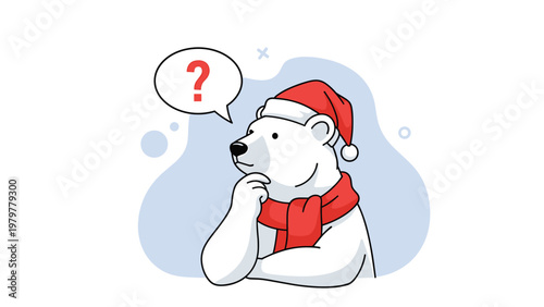 Polar bear character wearing a Santa hat and scarf looking thoughtful with a red question mark in a speech bubble.