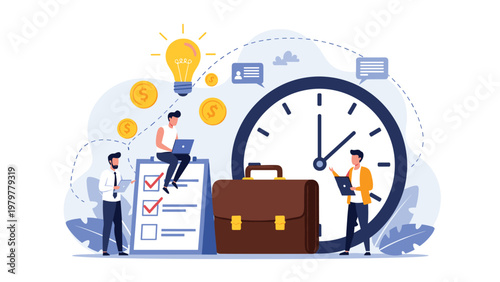 Business productivity concept with people managing tasks around a giant clock, briefcase, and checklist for efficiency.
