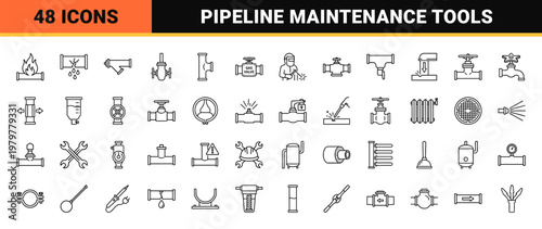 Minimalist plumbing and pipeline engineering line icon set