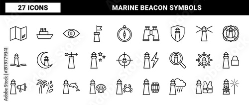 Coastal lighthouse and maritime navigation line icon set