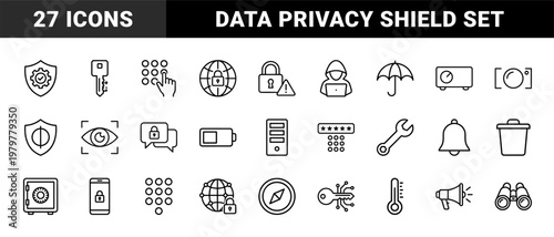 Cyber security and data protection doodle icon set in outline style