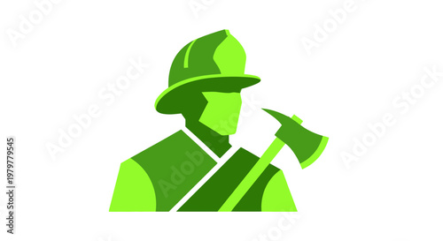 Green Firefighter Silhouette with Axe Icon, Safety and Emergency Service Symbol