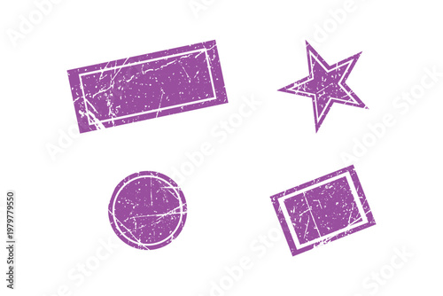 Purple grunge postage stamps squares and rectangles set with retro frames badges and labels.