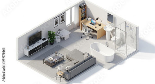 Modern Apartment Interior Design Isometric View.