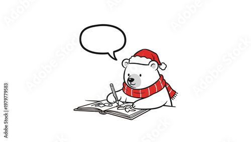 Polar bear character wearing a Santa hat and scarf writing in a book with a blank speech bubble above his head.