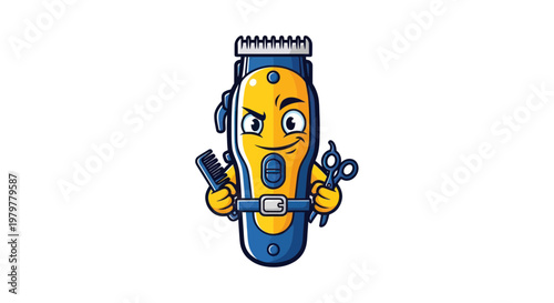 Happy Hair Clipper Mascot Holding Scissors and Comb, Cartoon Character