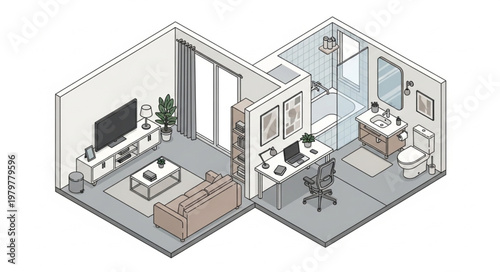 Modern Apartment Interior Design Isometric View.