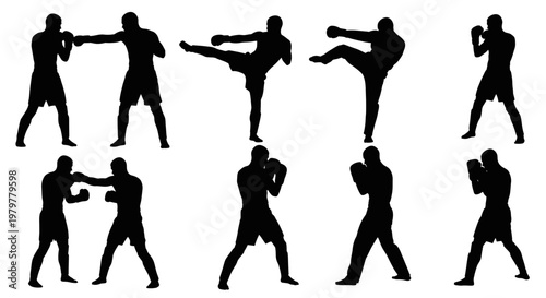 Martial Arts Silhouette: Kickboxing and Boxing Fighter Poses