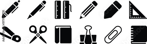Black office supplies icons set in simple line style representing business stationery tools for organization administration and workplace design projects