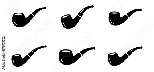 Vintage tobacco pipe icons, 6 black smoking pipe silhouettes, classic wooden pipe set