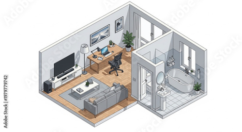 Modern Apartment Interior Design Isometric View.