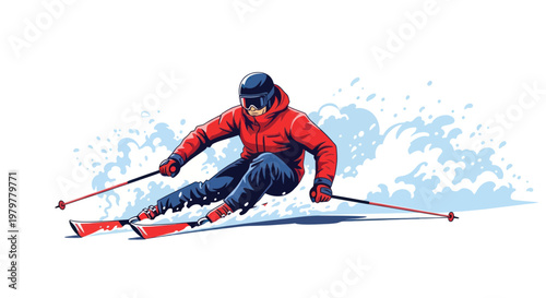 Active skier in red jacket racing down a snowy slope, creating a splash of snow.