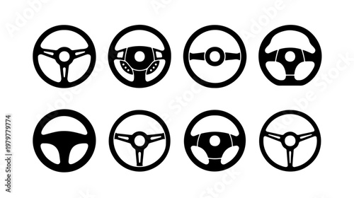 Automotive steering wheel icons, 8 car steering wheel vectors, vehicle interior symbols