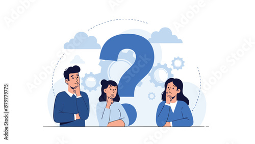 Three professional people standing in front of a giant question mark looking thoughtful and trying to find a solution.