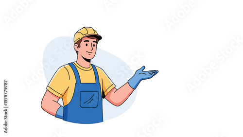 Friendly male worker wearing yellow shirt and blue overalls gesturing towards copy space against minimalist background.