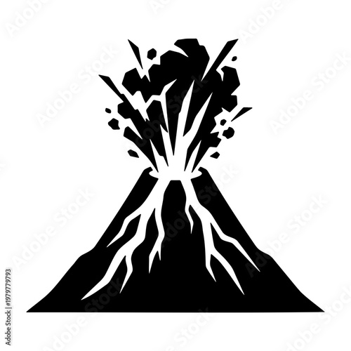 Volcano eruption icon, black mountain silhouette, volcanic explosion vector graphic