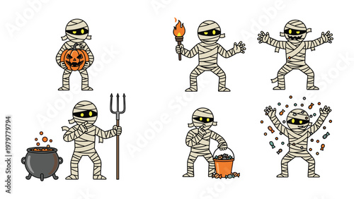 Mummy character set in different poses and situations for Halloween like holding a pumpkin and trick or treating.