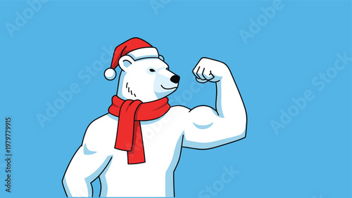 Strong polar bear wearing a red Santa hat and scarf flexes its muscular arm against a bright blue background for a funny holiday fitness theme.
