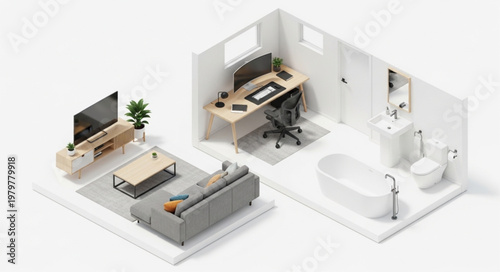 Modern Apartment Interior Design Isometric View.