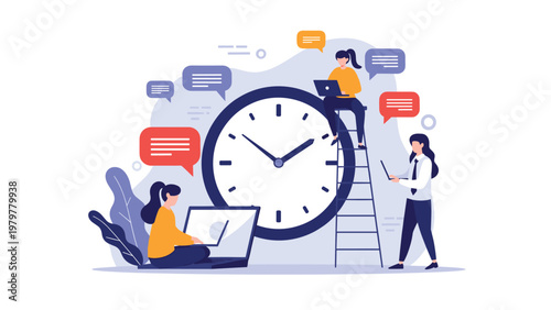 Business team works around a giant clock with message bubbles representing time management productivity and deadline tracking in the office.