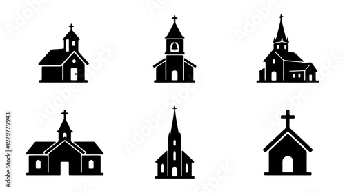 Church building icon set, black christian chapel silhouettes, 6 religious vector icons