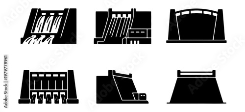 Hydroelectric dam icons set, 6 black vector silhouettes, water power plant symbols