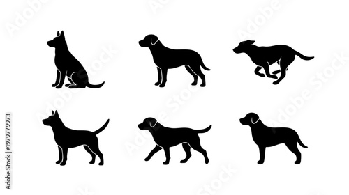 Black dog silhouettes set, 6 canine vector icons, labrador and shepherd pet profiles
