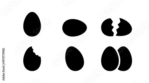 Minimalist egg silhouette icons, black chicken egg vector set, broken eggshell graphics