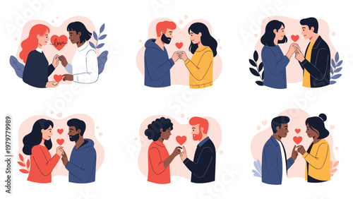 Diverse collection of couples including same sex and mixed race pairs expressing love and affection with hearts for Valentine's Day themes.
