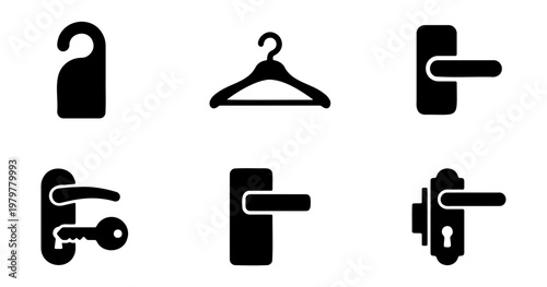 Hotel door handle icons, black silhouette 6 vector set, room key and hanger symbols