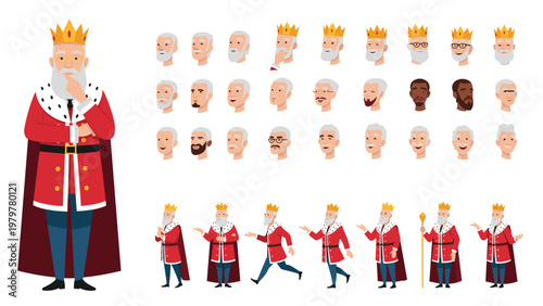 Medieval king character sheet shows various poses facial expressions and outfits of an old royal leader with a crown and long white beard.