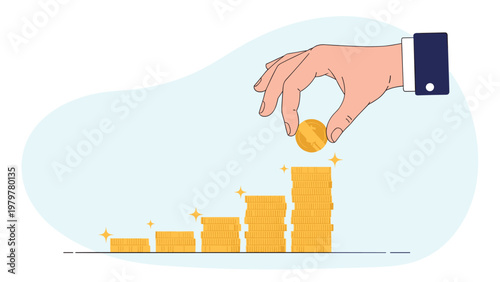Hand of an investor adds a gold coin to an increasing stack of coins representing capital growth savings and successful financial planning.