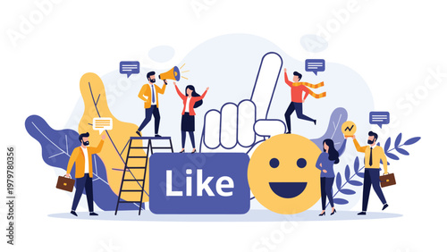 Social media marketing team celebrates engagement with a giant like button and happy smiley face for a digital audience feedback concept.