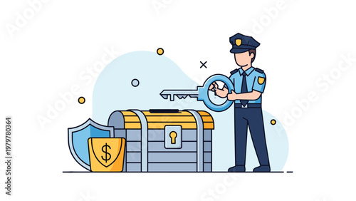 Security officer in uniform holding a giant key next to a treasure chest for a data protection and financial safety business theme.