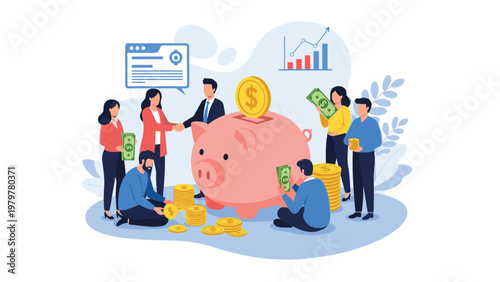 Diverse business team putting money and gold coins into a large pink piggy bank to represent group investment and shared financial goals.