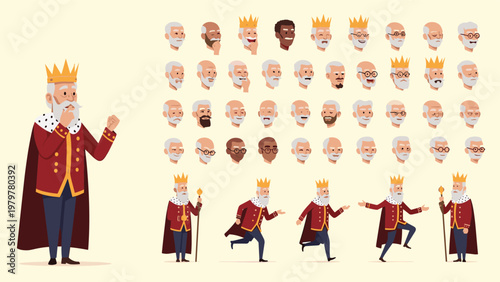 Royal king character sheet features another set of poses facial expressions and different styles of a monarch for story animation projects.