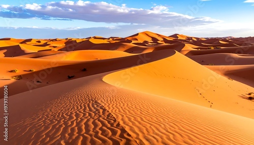 Rolling sand dunes with ripple patterns under a blue sky with scattered clouds