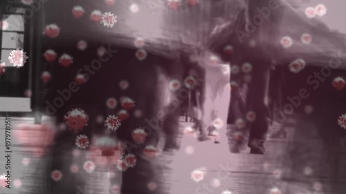 Animation of virus cells over legs of people walking in street