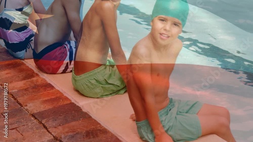 Animation of flag of chile over happy diverse children having fun at swimming pool