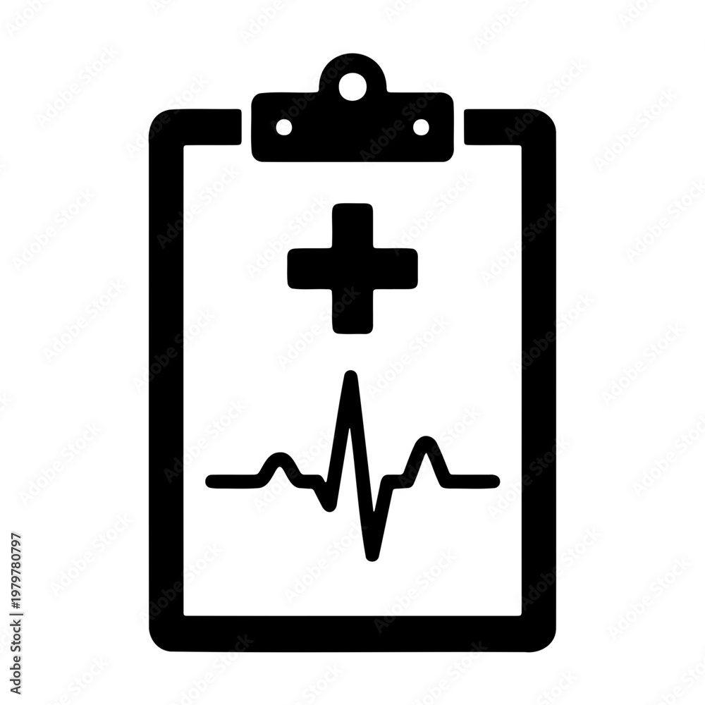 Obraz premium Medical clipboard icon with heartbeat line, healthcare patient report vector symbol