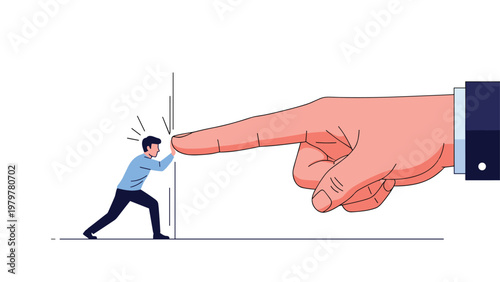 Small male character pushing back against a giant human finger in a concept of resistance against power and overwhelming pressure.
